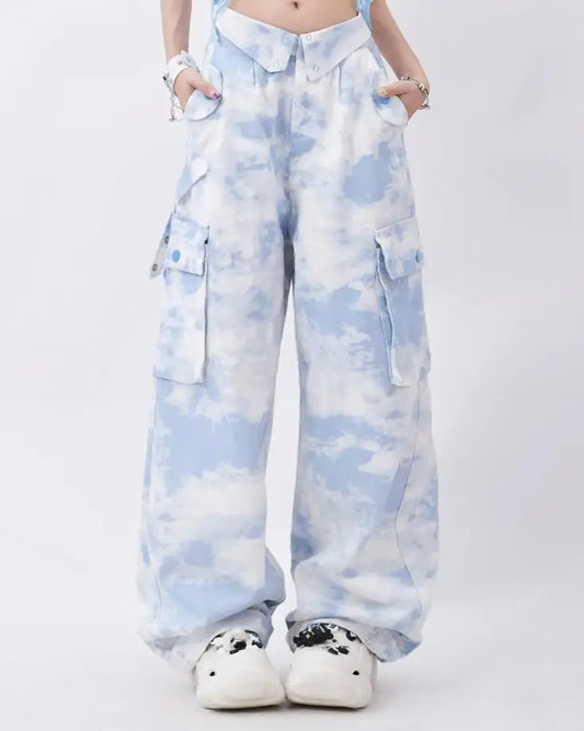 Cloud Print Cargo Pants – Y2K Harajuku Streetwear Aesthetic - Blue / S - Bottoms - 2025 - 5 - Worldwide Shipping