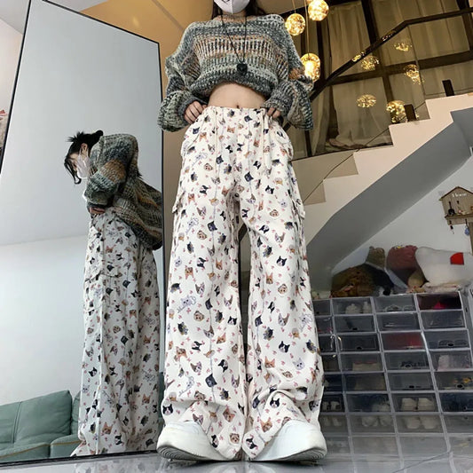 Cat Print Wide-Leg Pants – Y2K Harajuku Streetwear - Bottoms - Women’s Pants - 2