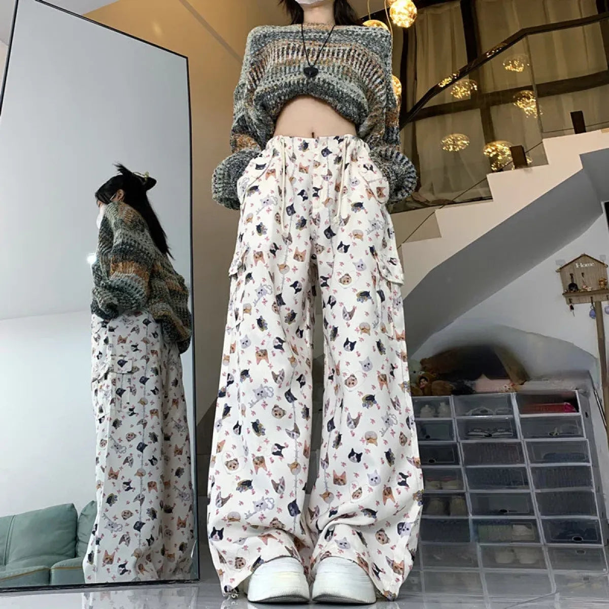 Cat Print Wide-Leg Pants – Y2K Harajuku Streetwear - Bottoms - Women’s Pants - 3