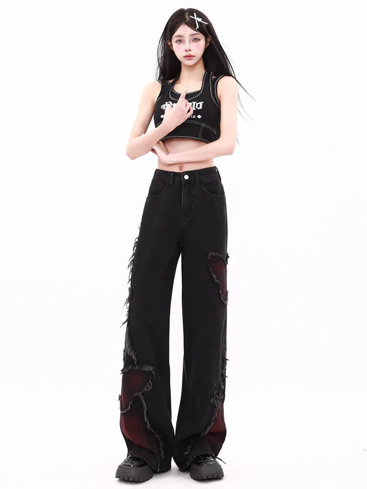 Women’s Butterfly Patch Baggy Jeans – Y2K Harajuku Wide Leg Denim Pants - Bottoms - Jeans - 2024 - 8 - Worldwide