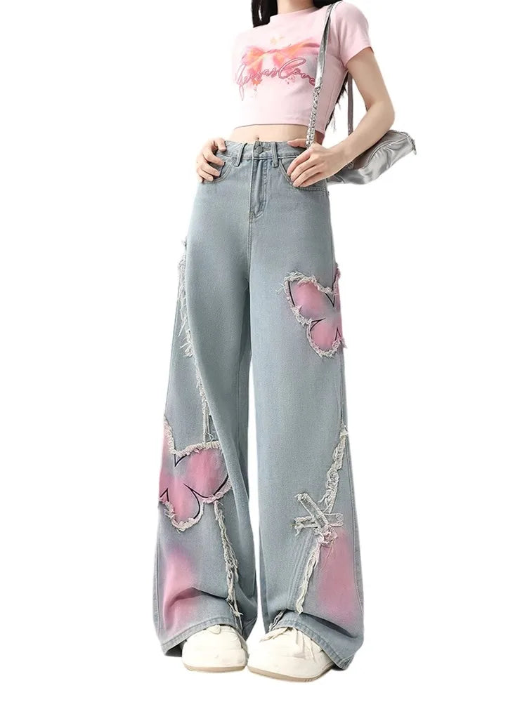 Women’s Butterfly Patch Baggy Jeans – Y2K Harajuku Wide Leg Denim Pants - Blue / S / CHINA - Bottoms - Jeans - 2024