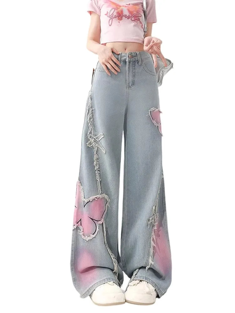 Women’s Butterfly Patch Baggy Jeans – Y2K Harajuku Wide Leg Denim Pants - Bottoms - Jeans - 2024 - 5 - Worldwide