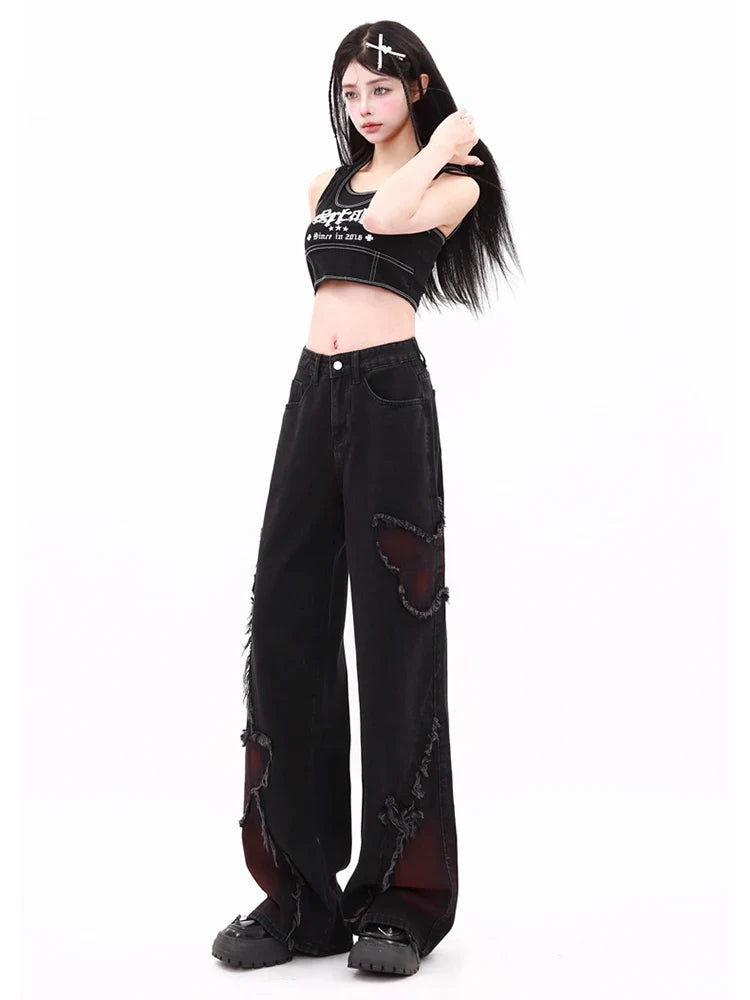 Women’s Butterfly Patch Baggy Jeans – Y2K Harajuku Wide Leg Denim Pants - Bottoms - Jeans - 2024 - 9 - Worldwide