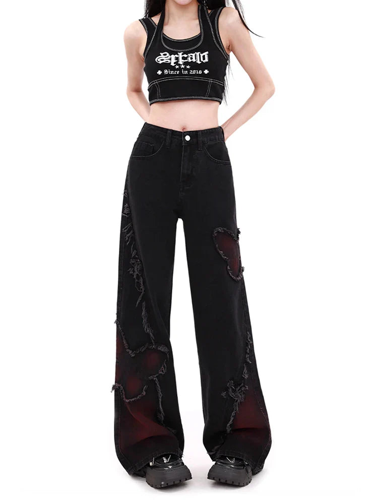 Women’s Butterfly Patch Baggy Jeans – Y2K Harajuku Wide Leg Denim Pants - Bottoms - Jeans - 2024 - 7 - Worldwide