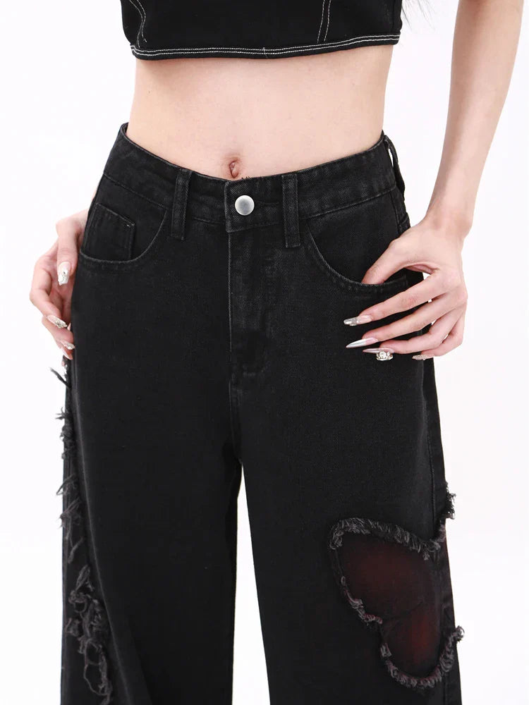 Women’s Butterfly Patch Baggy Jeans – Y2K Harajuku Wide Leg Denim Pants - Bottoms - Jeans - 2024 - 11 - Worldwide