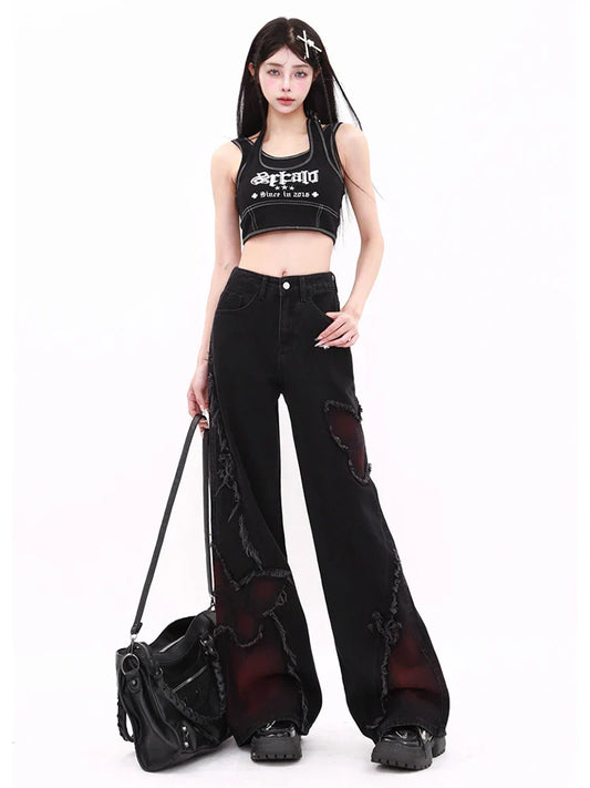 Women’s Butterfly Patch Baggy Jeans – Y2K Harajuku Wide Leg Denim Pants - Bottoms - Jeans - 2024 - 2 - Worldwide