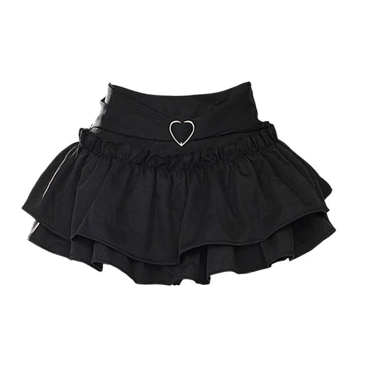 Kawaii Lolita High Waist Mini Skirt – Y2K Heart Belt Ruffle Shorts - Black / XS - Bottoms - 2025 - 6 - Worldwide