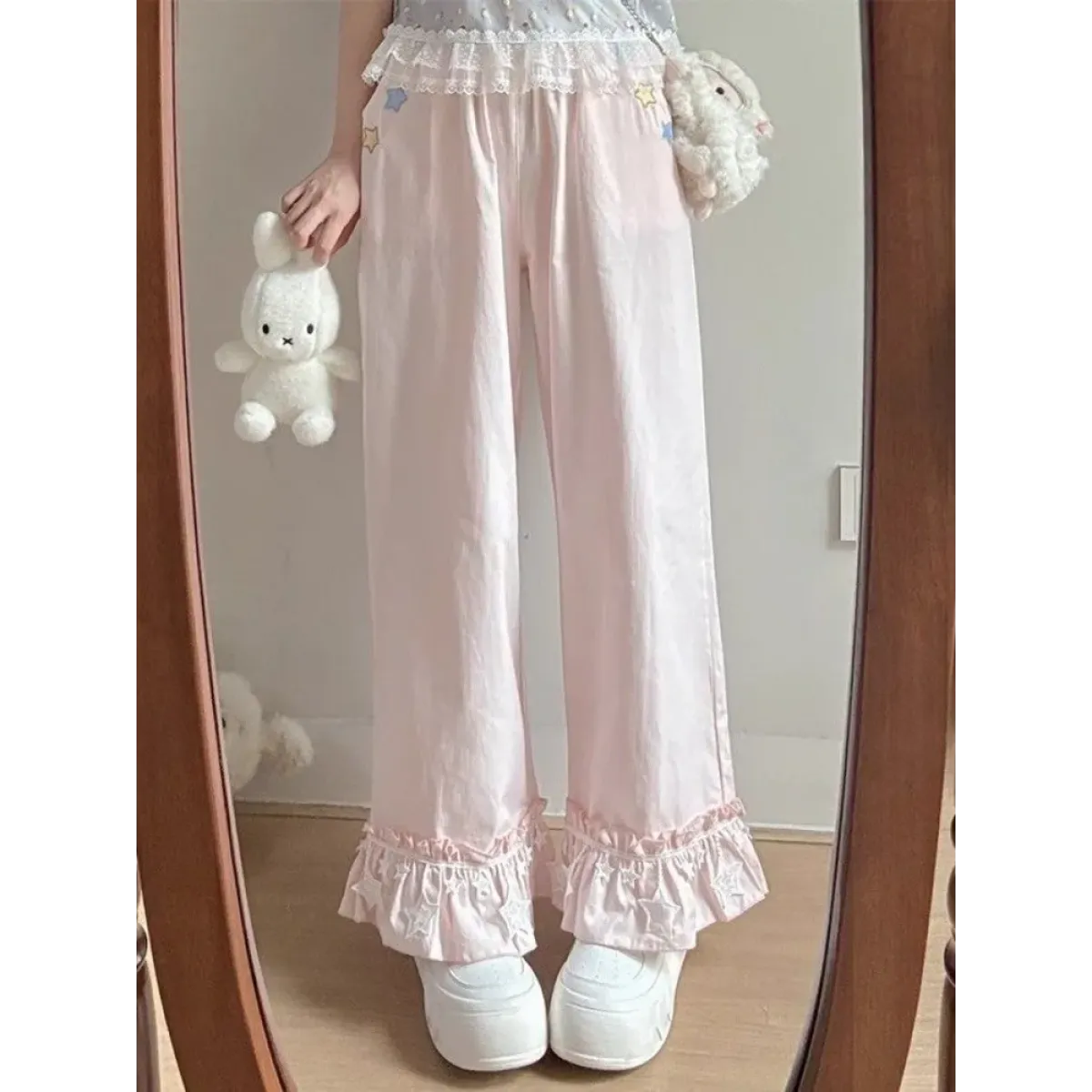 Y2K Ruffle Patchwork High Waist Wide Leg Pants - Bottoms - Pants - 1