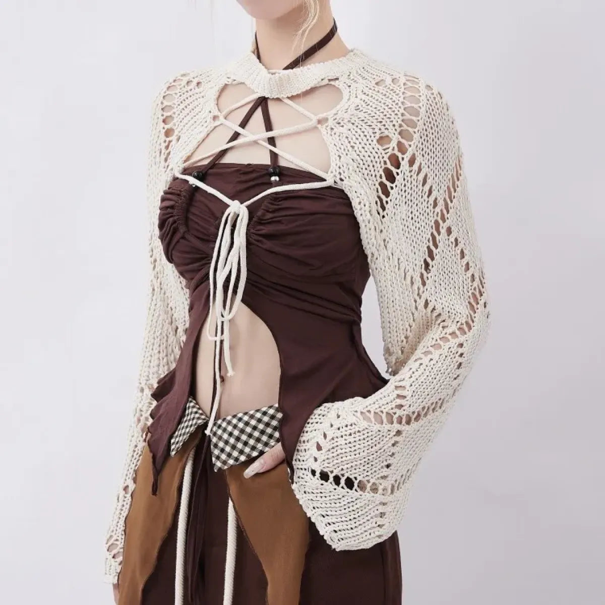 Y2K Hollow Knit Lace-Up Cardigan Top - Women’s Clothing & Accessories - Cardigan - 1