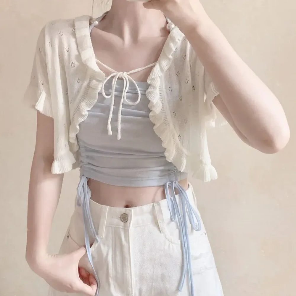 Y2K Hollow Knit Lace-Up Cardigan Top - Women’s Clothing & Accessories - Cardigan - 1