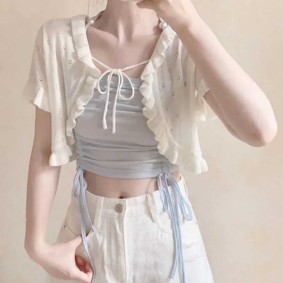 Y2K Hollow Knit Lace-Up Cardigan Top - Women’s Clothing & Accessories - Cardigan - 1