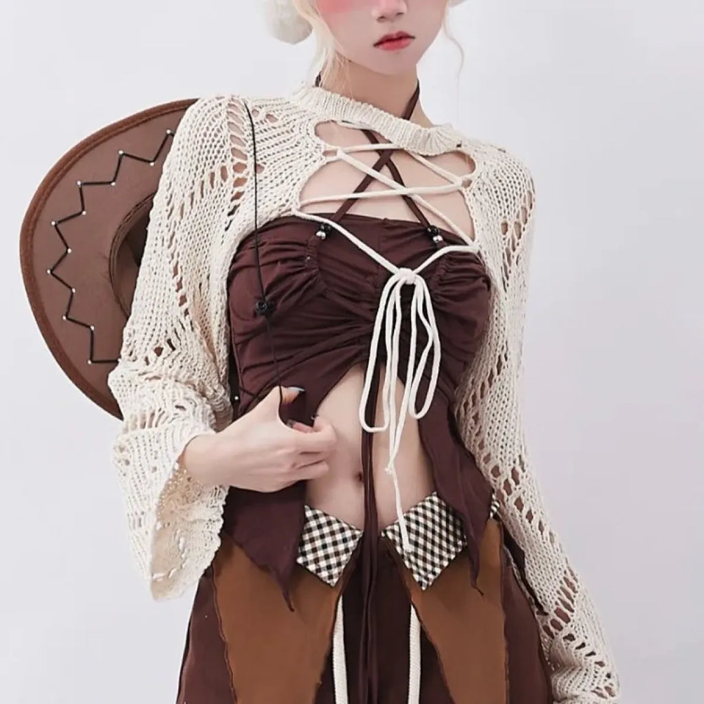 Y2K Hollow Knit Lace-Up Cardigan Top - Women’s Clothing & Accessories - Cardigan - 2