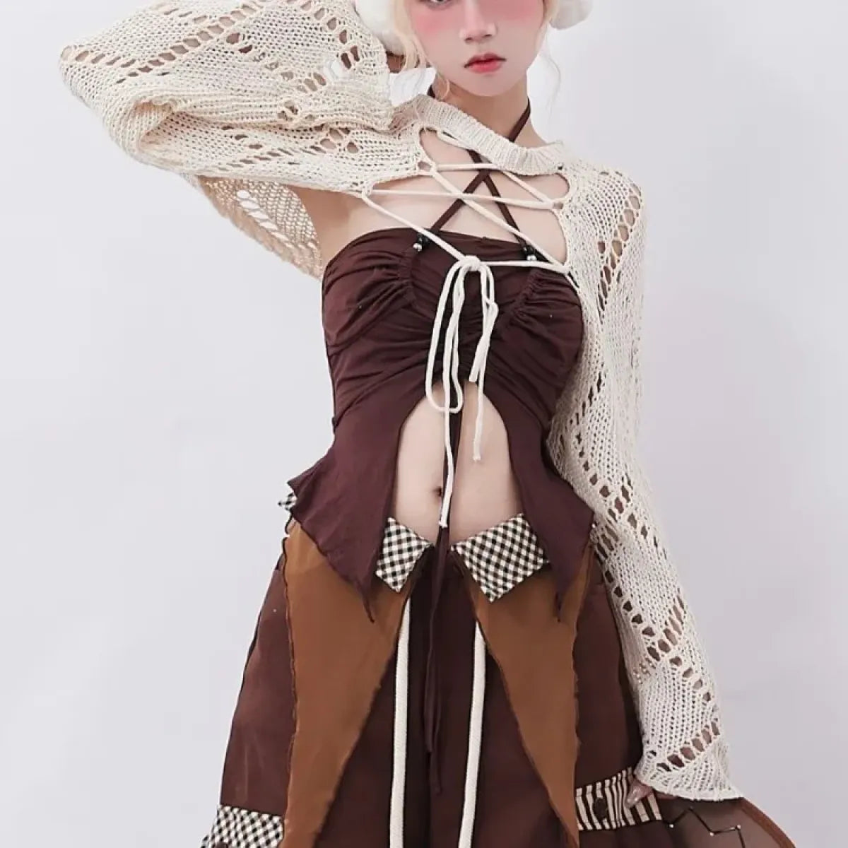 Y2K Hollow Knit Lace-Up Cardigan Top - Women’s Clothing & Accessories - Cardigan - 3