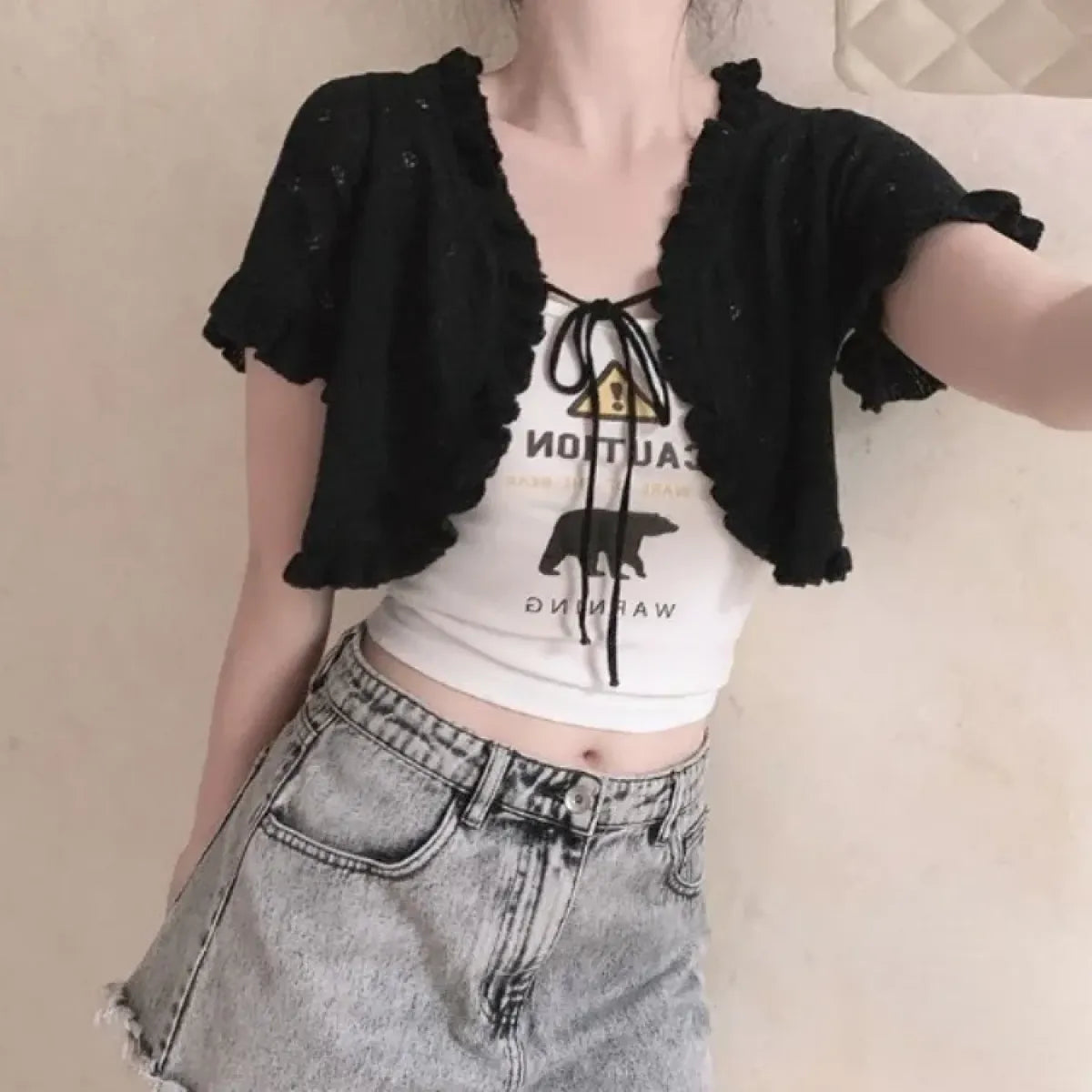 Y2K Hollow Knit Lace-Up Cardigan Top - Women’s Clothing & Accessories - Cardigan - 4