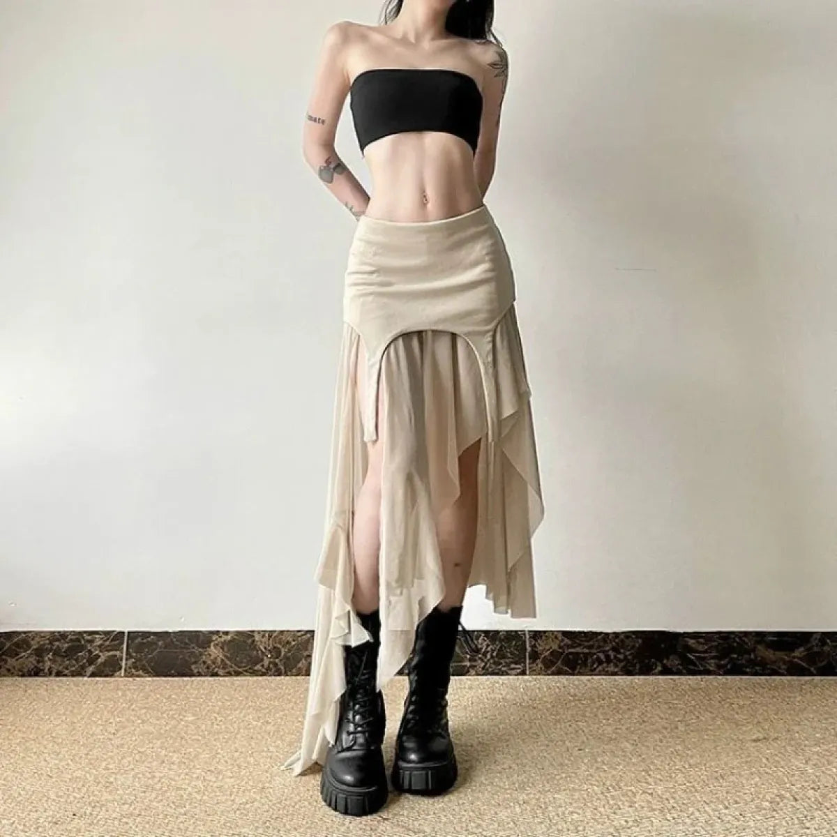 Y2K Irregular Tulle Ruffle Slit Skirt - Bottoms - Skirts - 1