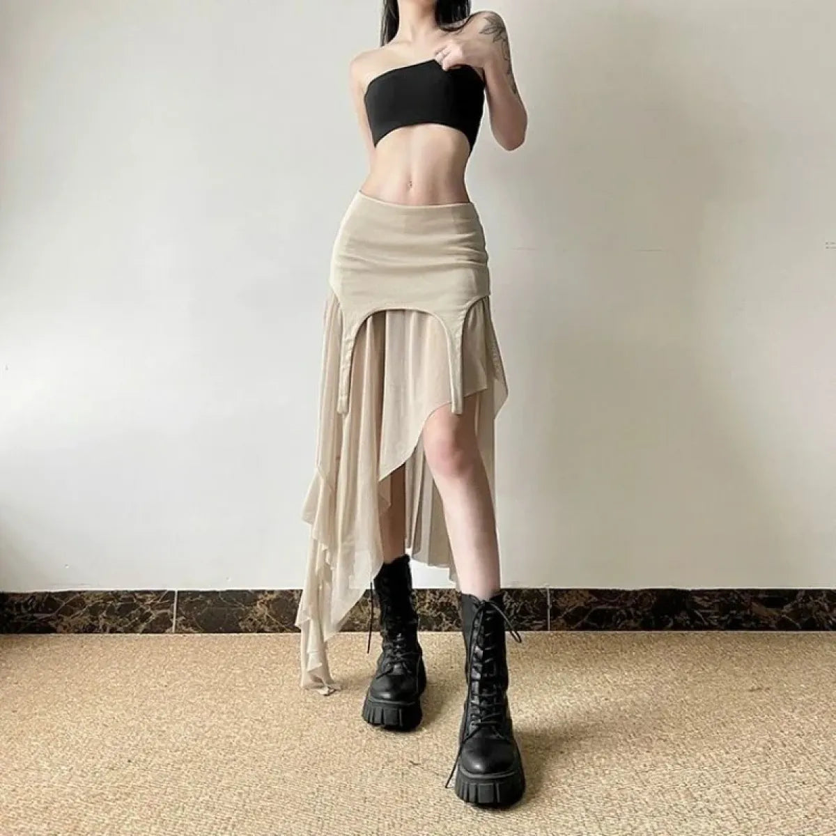 Y2K Irregular Tulle Ruffle Slit Skirt - Bottoms - Skirts - 2