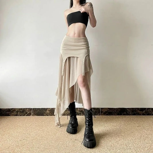 Y2K Irregular Tulle Ruffle Slit Skirt - Bottoms - Skirts - 2
