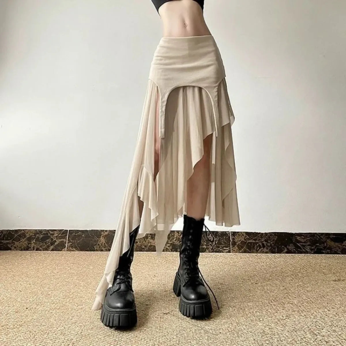 Y2K Irregular Tulle Ruffle Slit Skirt - Bottoms - Skirts - 3