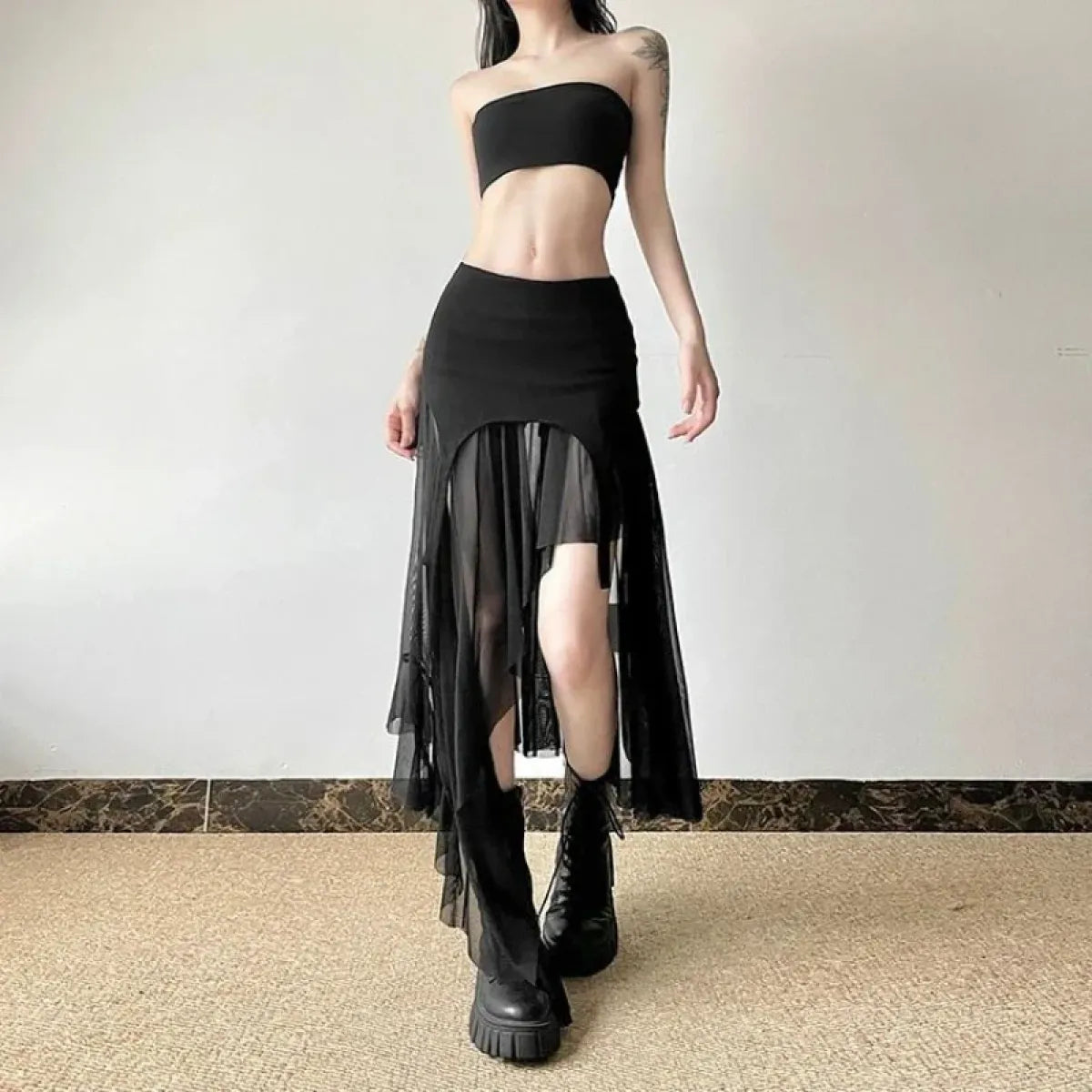 Y2K Irregular Tulle Ruffle Slit Skirt - Bottoms - Skirts - 4