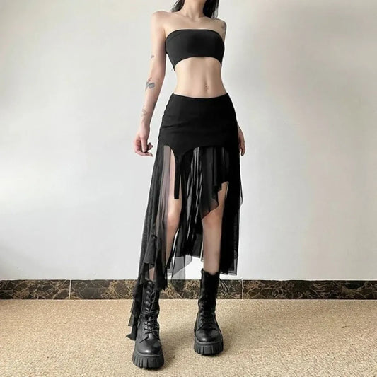 Y2K Irregular Tulle Ruffle Slit Skirt - Bottoms - Skirts - 6