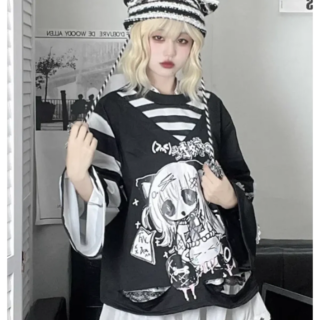 Y2K Japanese Cartoon T-Shirt – Loose Grunge Fairycore Kawaii Top - T-Shirts - Long - Round - T-Shirts - 8