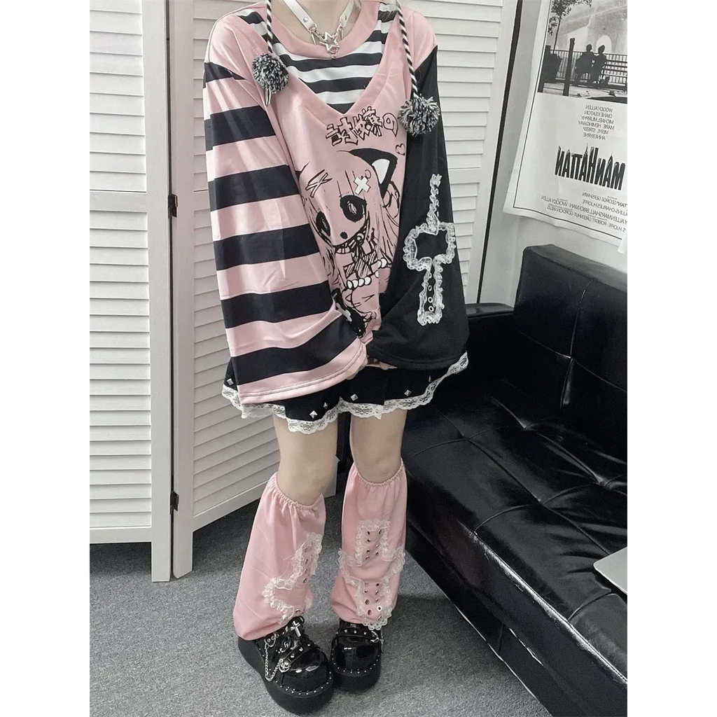 Y2K Japanese Cartoon T-Shirt – Loose Grunge Fairycore Kawaii Top - T-Shirts - Long - Round - T-Shirts - 5