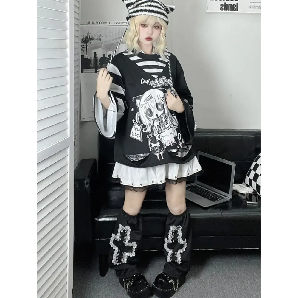 Y2K Japanese Cartoon T-Shirt – Loose Grunge Fairycore Kawaii Top - T-Shirts - Long - Round - T-Shirts - 1