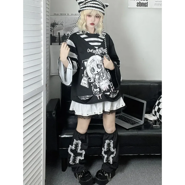 Y2K Japanese Cartoon T-Shirt – Loose Grunge Fairycore Kawaii Top - T-Shirts - Long - Round - T-Shirts - 1