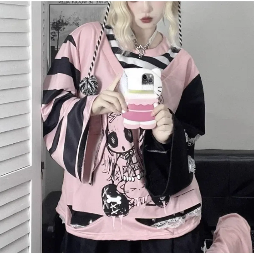 Y2K Japanese Cartoon T-Shirt – Loose Grunge Fairycore Kawaii Top - T-Shirts - Long - Round - T-Shirts - 7