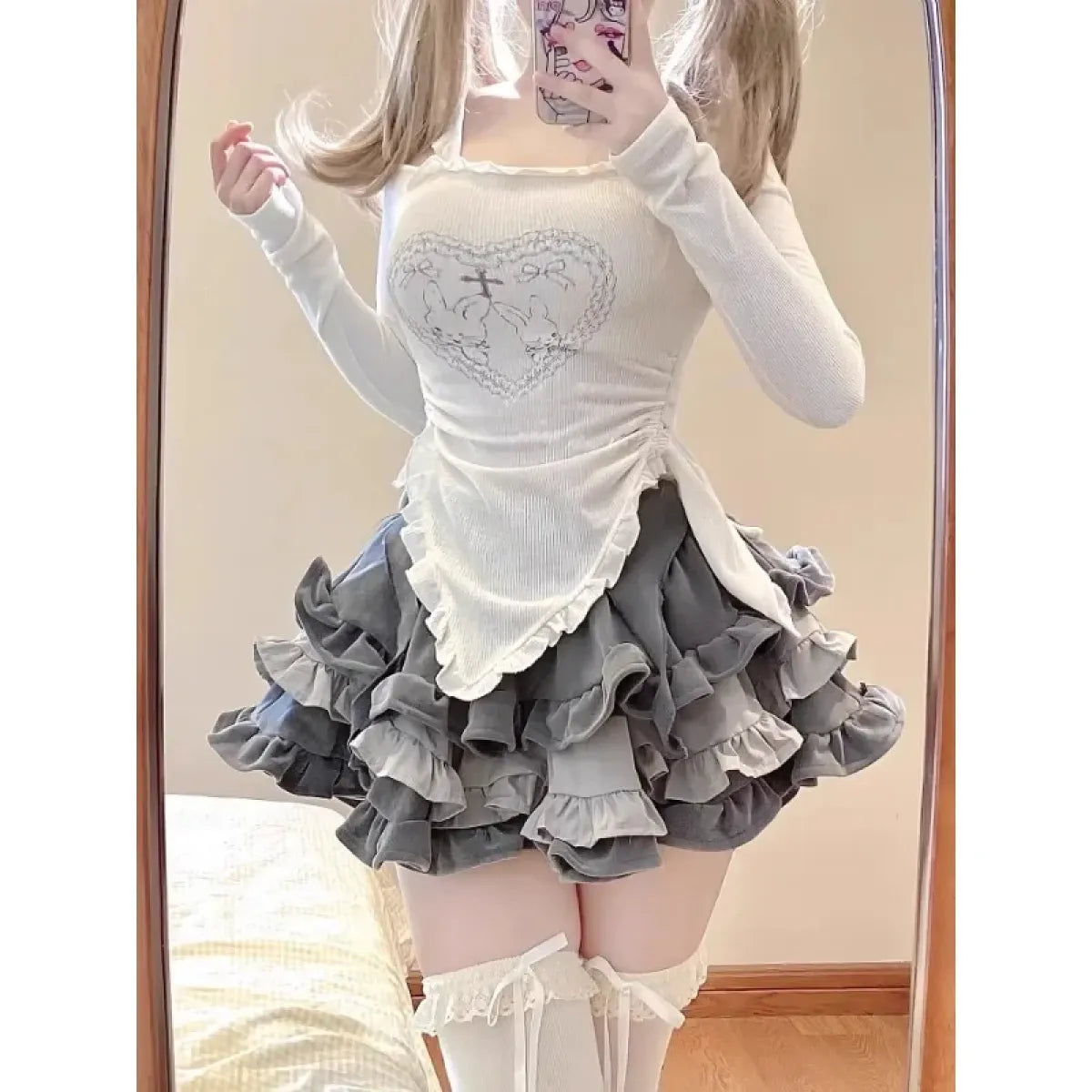 Y2K Kawaii Harajuku Two-Piece Set – Ruffle Skirt & Long Sleeve Top - Bottoms - Long - Round - Clothing Sets - 4