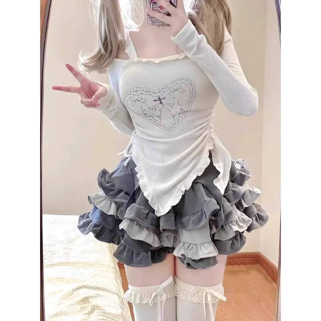 Y2K Kawaii Harajuku Two-Piece Set – Ruffle Skirt & Long Sleeve Top - Bottoms - Long - Round - Clothing Sets - 1