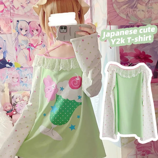 Y2K Kawaii Harajuku Top – Lace Trim Long Sleeve Tee - T-Shirts - Long - Off-Shoulder - T-Shirts - 1