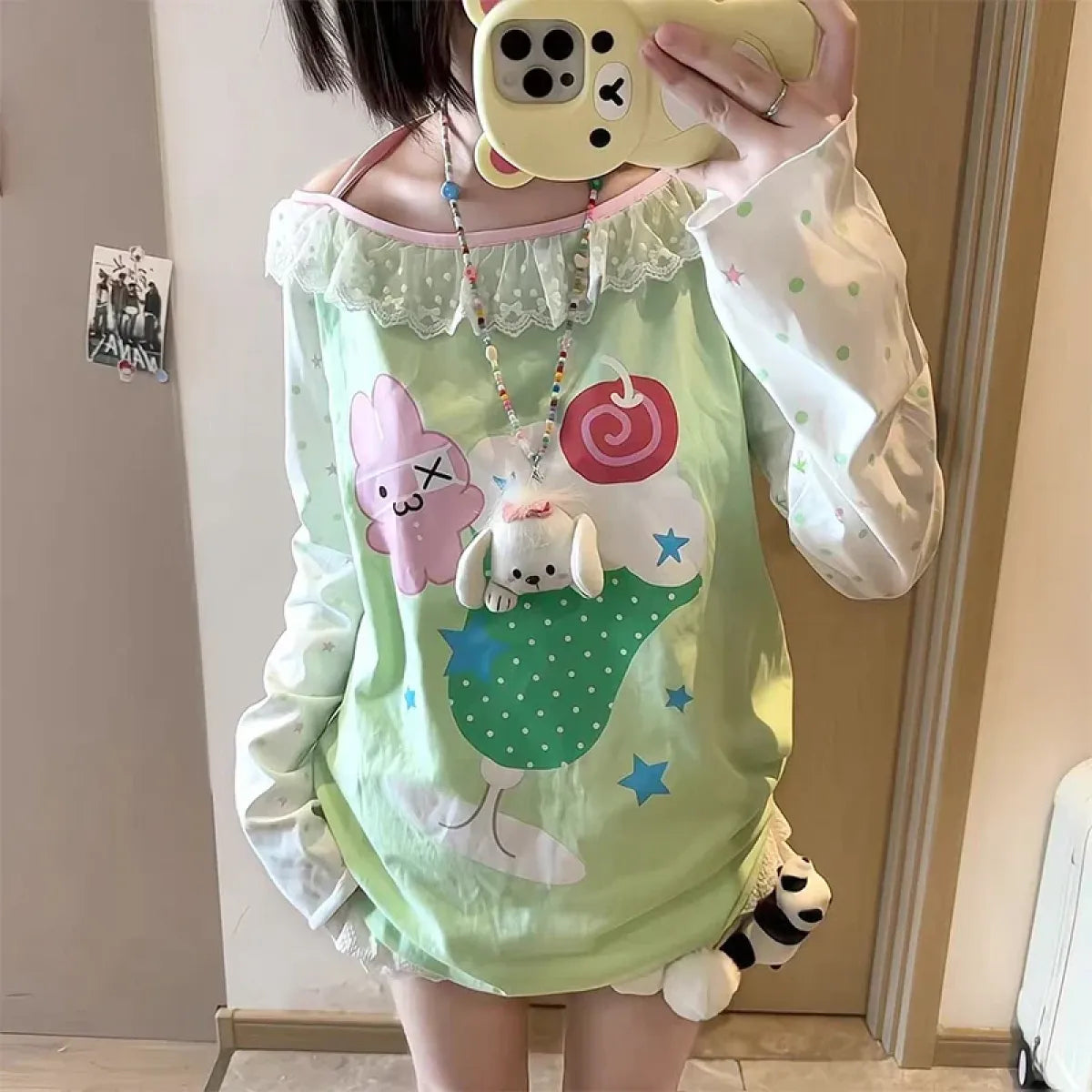Y2K Kawaii Harajuku Top – Lace Trim Long Sleeve Tee - T-Shirts - Long - Off-Shoulder - T-Shirts - 2