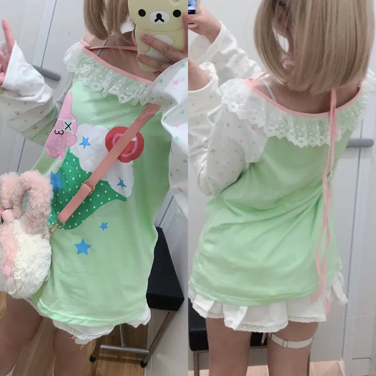 Y2K Kawaii Harajuku Top – Lace Trim Long Sleeve Tee - T-Shirts - Long - Off-Shoulder - T-Shirts - 4