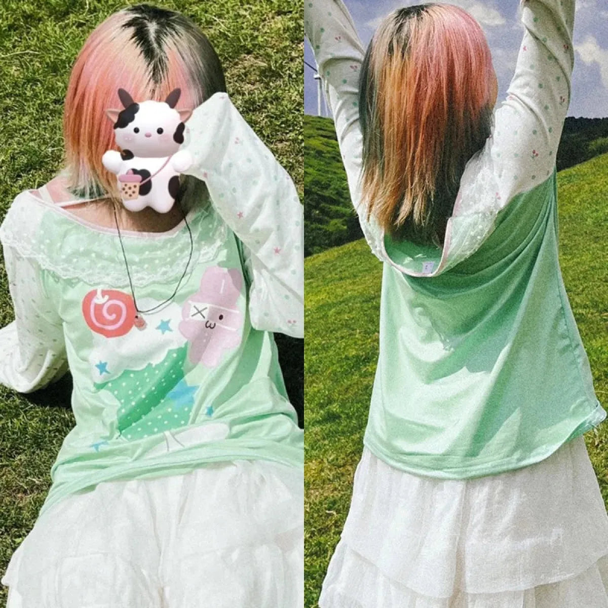 Y2K Kawaii Harajuku Top – Lace Trim Long Sleeve Tee - T-Shirts - Long - Off-Shoulder - T-Shirts - 5