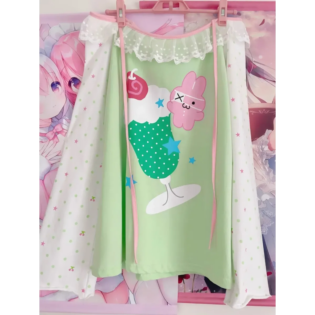 Y2K Kawaii Harajuku Top – Lace Trim Long Sleeve Tee - T-Shirts - Long - Off-Shoulder - T-Shirts - 7