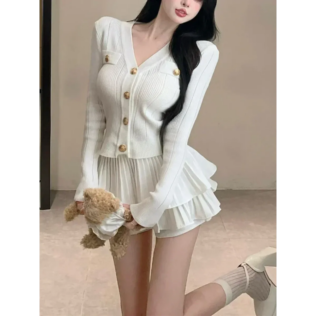 Y2K Kawaii Knitted Two-Piece Set – Elegant Mini Skirt Suit - Bottoms - Short - Round - Clothing Sets - 4