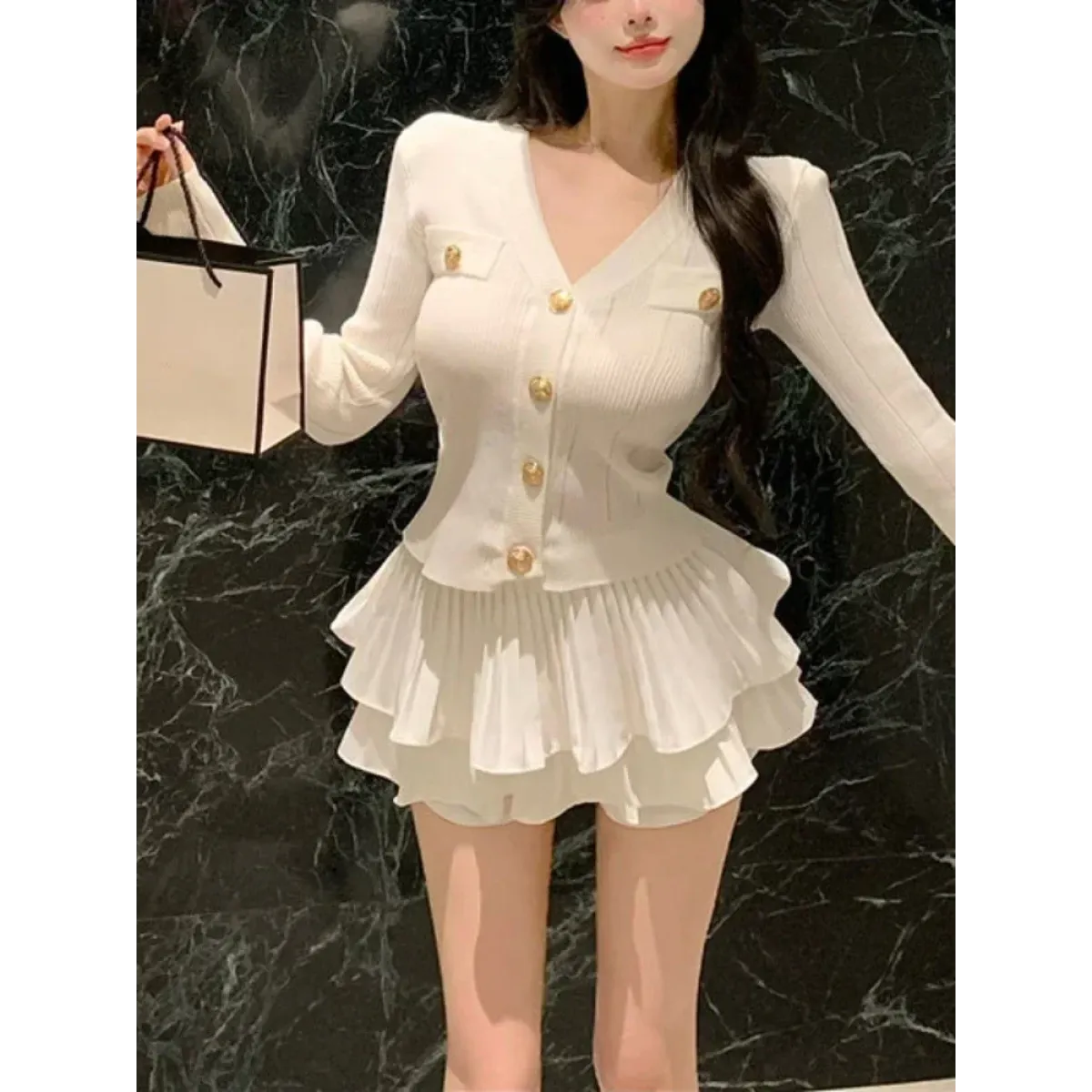 Y2K Kawaii Knitted Two-Piece Set – Elegant Mini Skirt Suit - Bottoms - Short - Round - Clothing Sets - 5