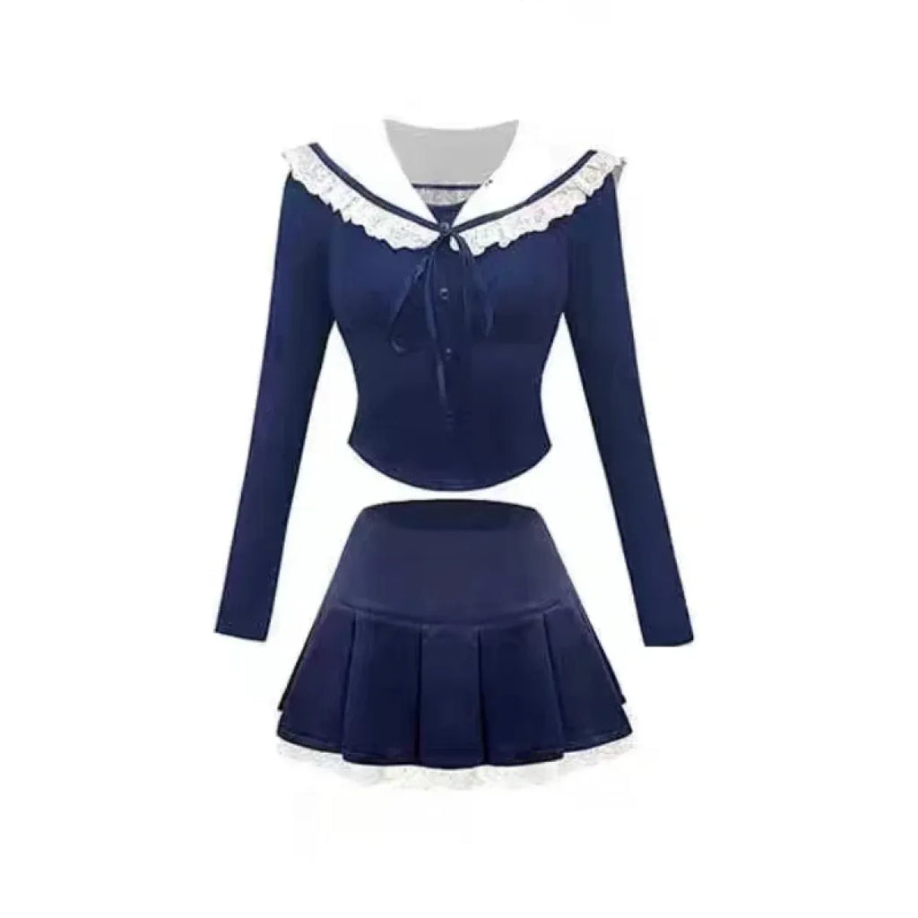 Preppy Knit Top and Mini Skirt Set – Y2K Korean Uniform Style - Bottoms - Clothing Sets - 3