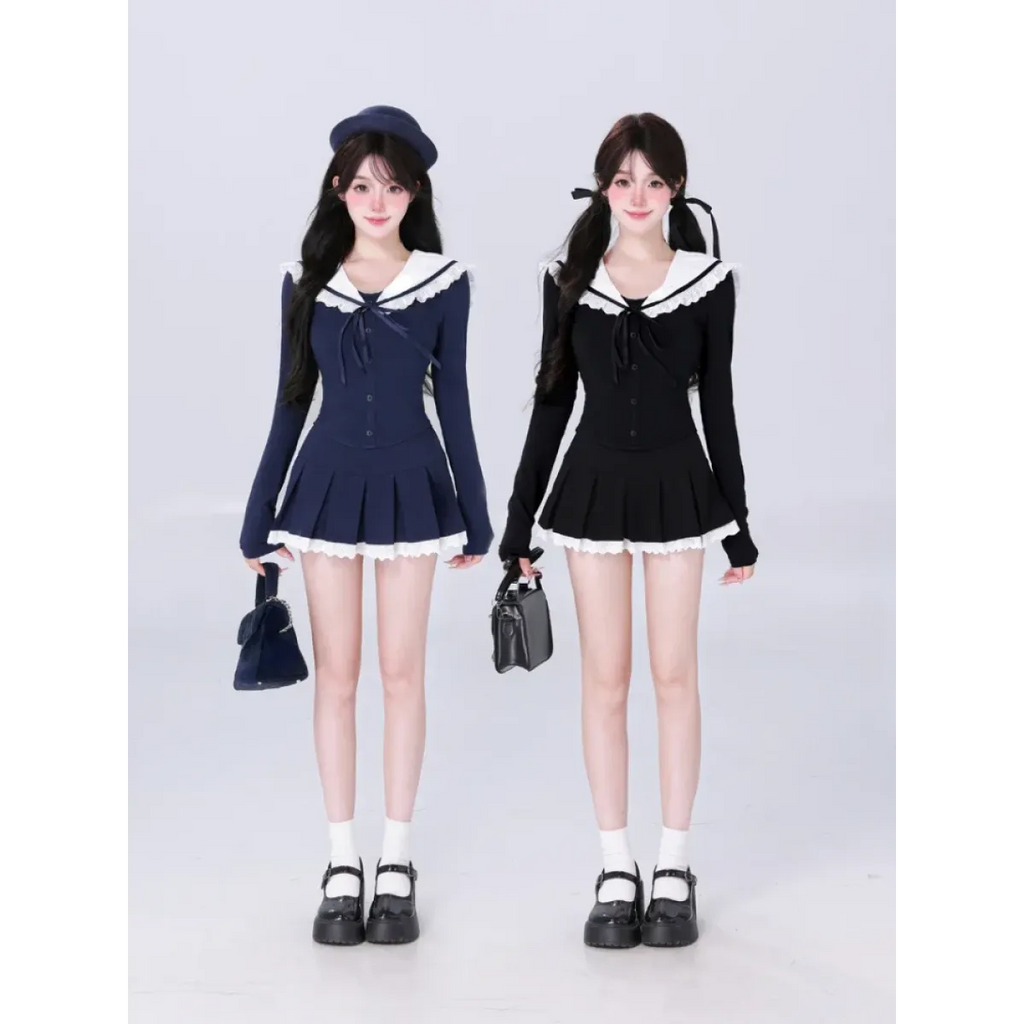 Preppy Knit Top and Mini Skirt Set – Y2K Korean Uniform Style - Bottoms - Clothing Sets - 1