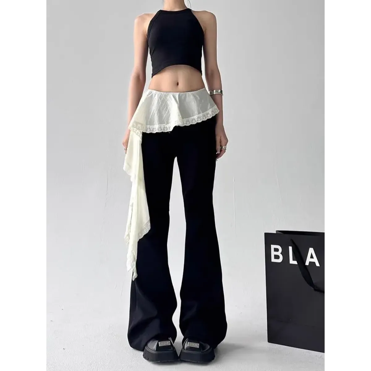 Y2K Lace Patchwork Flare Pants - Bottoms - Pants - 3