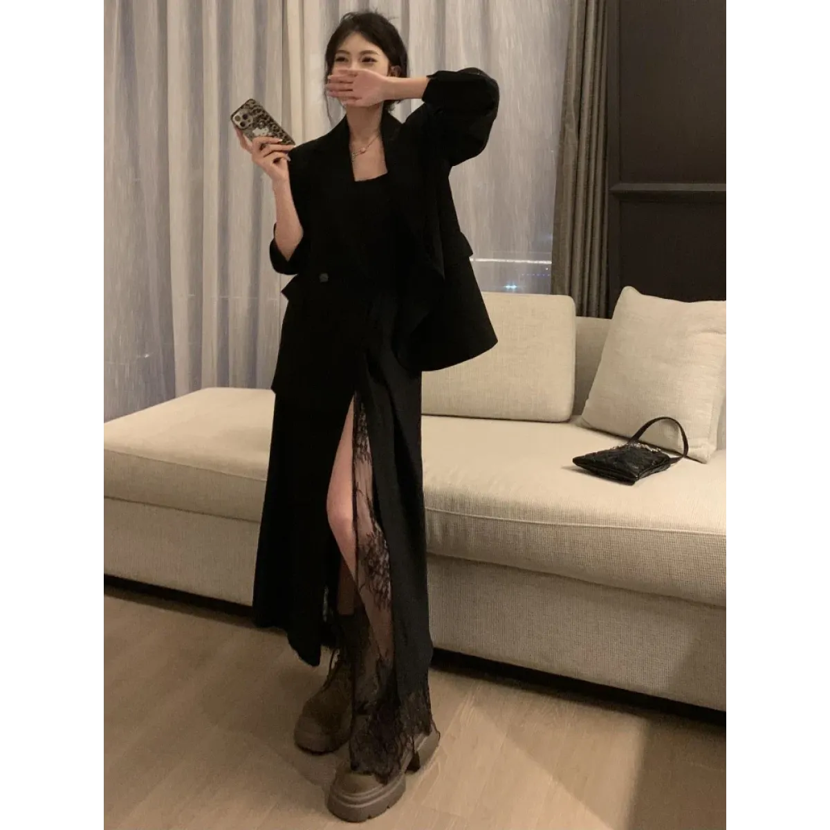 Y2K Lace Patchwork Off-Shoulder Split Maxi Dress - All Dresses - Maxi Dress - 4