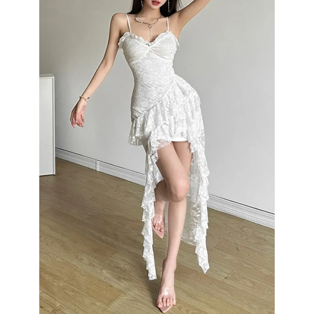 Y2K Lace Ruffle Irregular Fairycore Dress - All Dresses - Midi Dress - 3