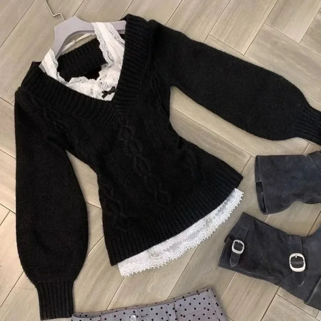 V-Neck Slim Fit Sweater – Y2K Lace Trim Knit Pullover Top - Sweaters - Long - V-neck - Sweaters - 2