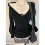 V-Neck Slim Fit Sweater – Y2K Lace Trim Knit Pullover Top - Sweaters - Long - V-neck - Sweaters - 1