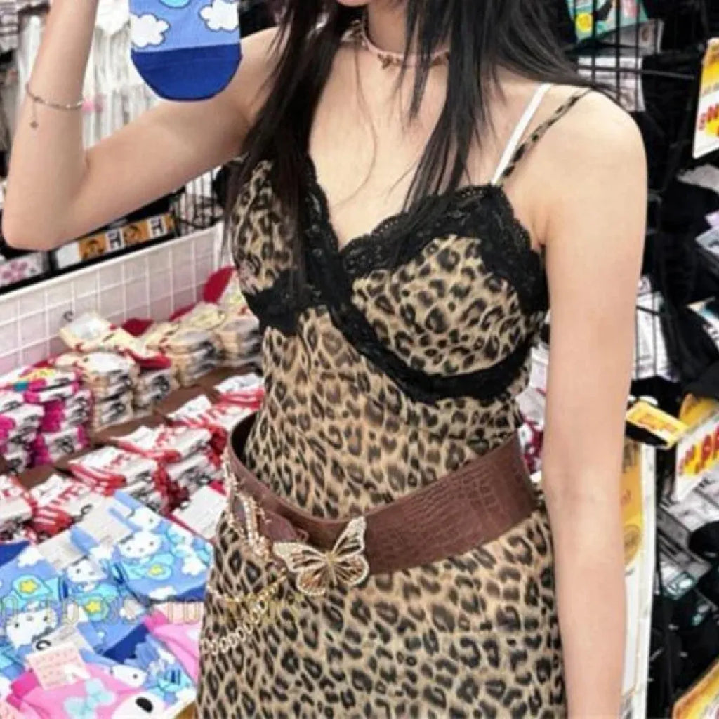 Animal Pattern Y2K Lace Trim Slip Dress - All Dresses - Dresses - 1