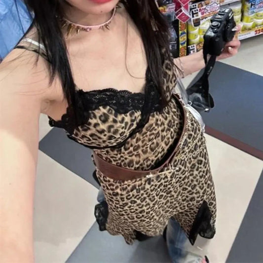 Animal Pattern Y2K Lace Trim Slip Dress - All Dresses - Dresses - 2