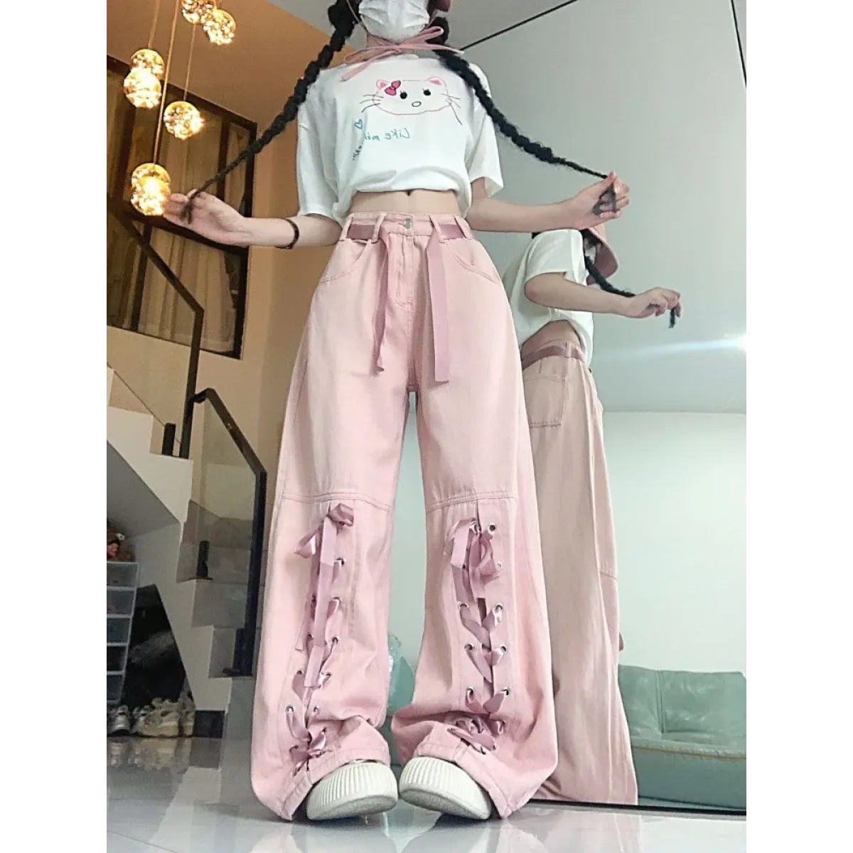 Y2K Pink Lace-Up Bow Wide Leg Pants - Bottoms - Pants - 1