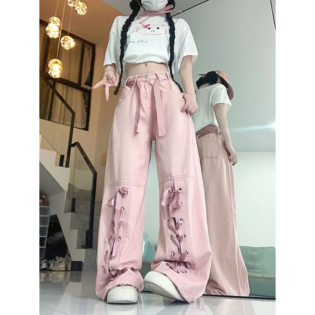 Y2K Pink Lace-Up Bow Wide Leg Pants - Bottoms - Pants - 2
