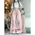 Y2K Pink Lace-Up Bow Wide Leg Pants - Bottoms - Pants - 3